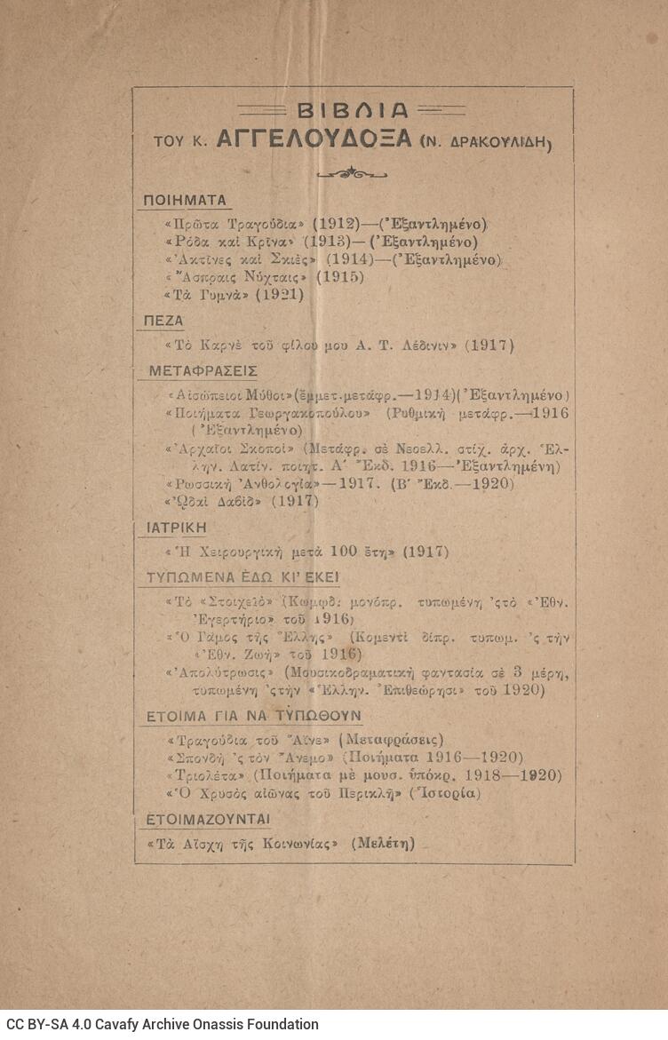 19,5 x 14 εκ. 31 σ. + 1 σ. χ.α. + 1 ένθετο, όπου στη σ. [1] ψευδότιτλος, χειρόγραφη 